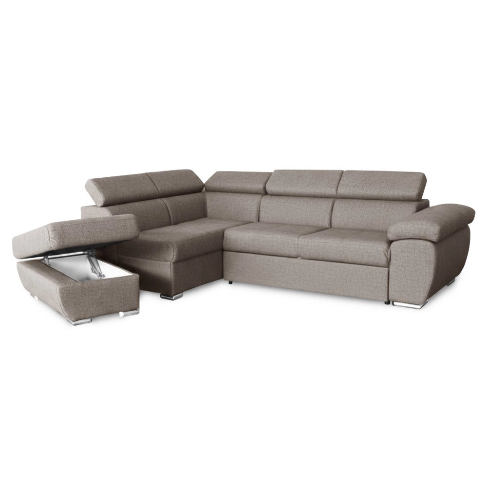 Divano Letto Angolare Fiona con Penisola Sinistra e Pouf Contenitore – Tortora
