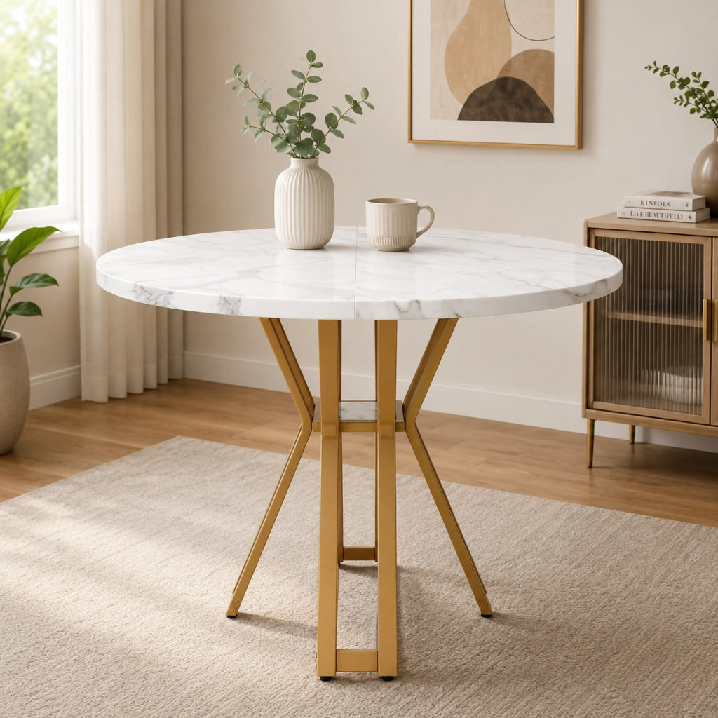 Tavolo da pranzo 100x100x76 cm con piano in MDF effetto marmo e gambe in metallo oro