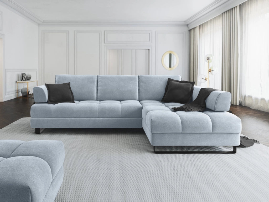 Cosmopolitan Design - Divano convertibile angolare destro con contenitore "Clinton" 5 posti in velluto azzurro 