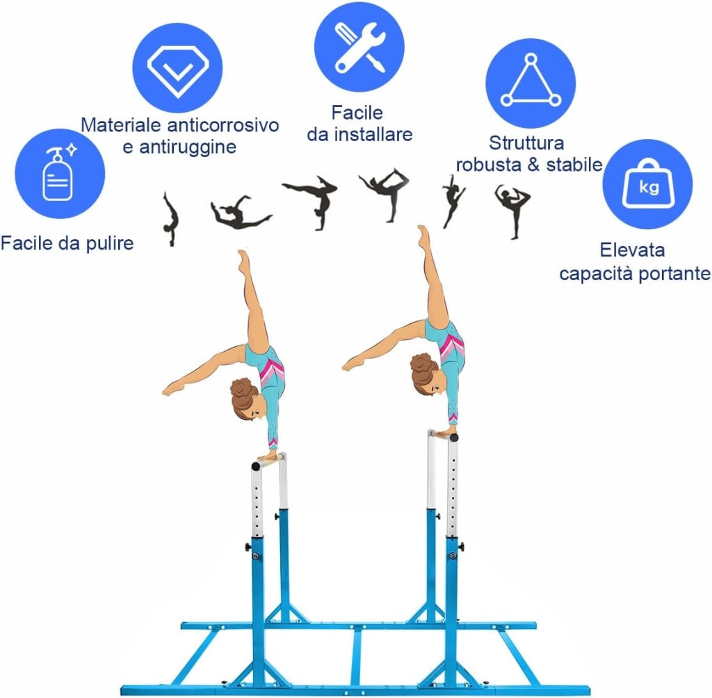 Parallele Doppie per Ginnastica, Sbarre Orizzontali Doppie con Larghezza Regolabile e 11 Altezze, capacità di Carico di 100 kg, Sbarre di Allenamento per Bambini 6-12 Anni