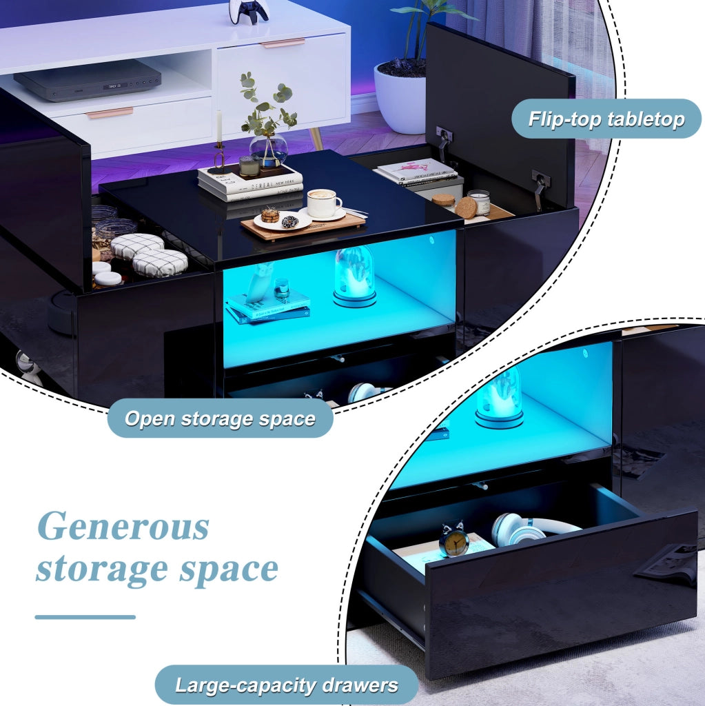 Tavolino da salotto con LED e vani contenitore; 100 x 50 x 40 cm; in truciolare nero lucido