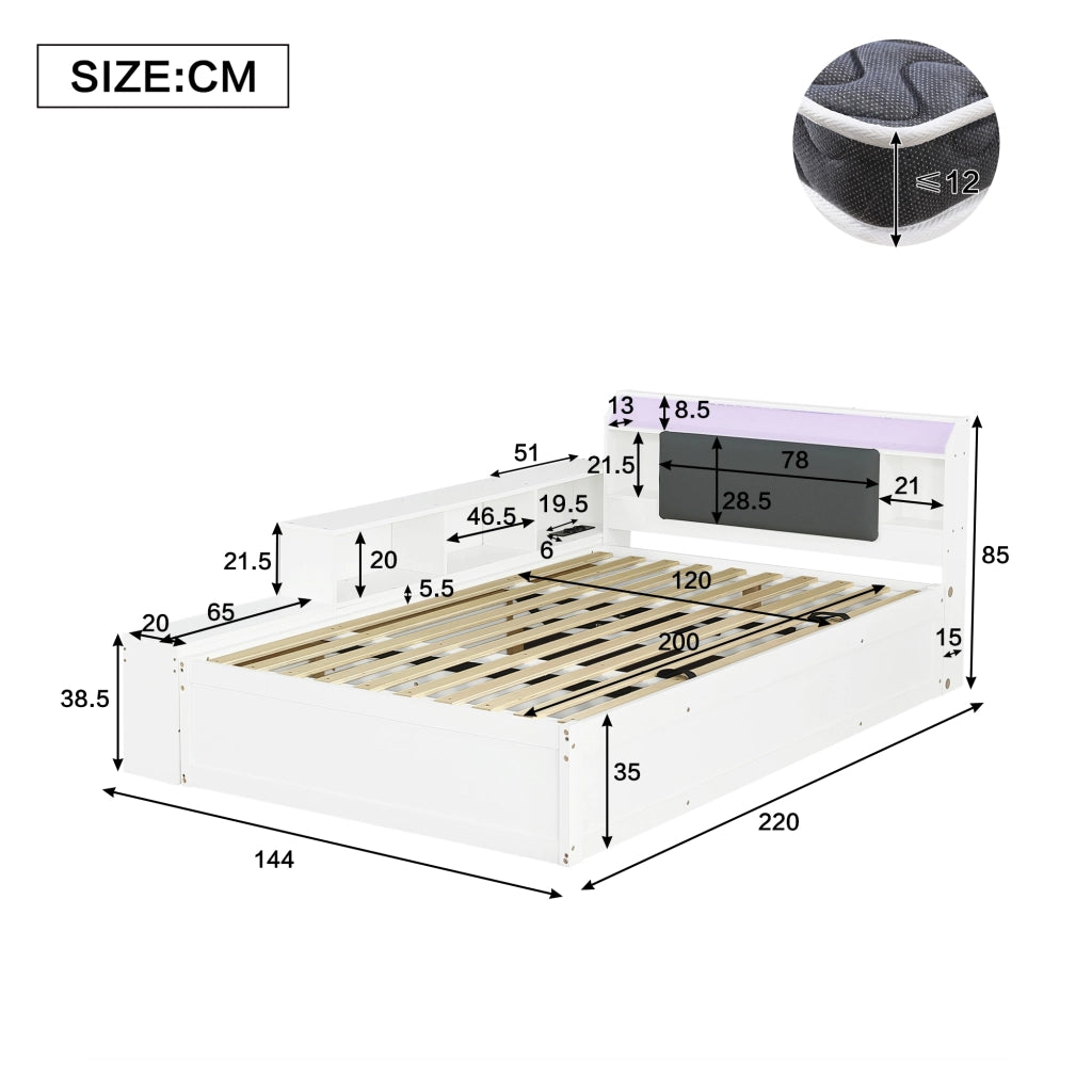 Letto contenitore 120x200 cm con apertura idraulica reversibile; testiera imbottita con vani; LED e USB; legno bianco