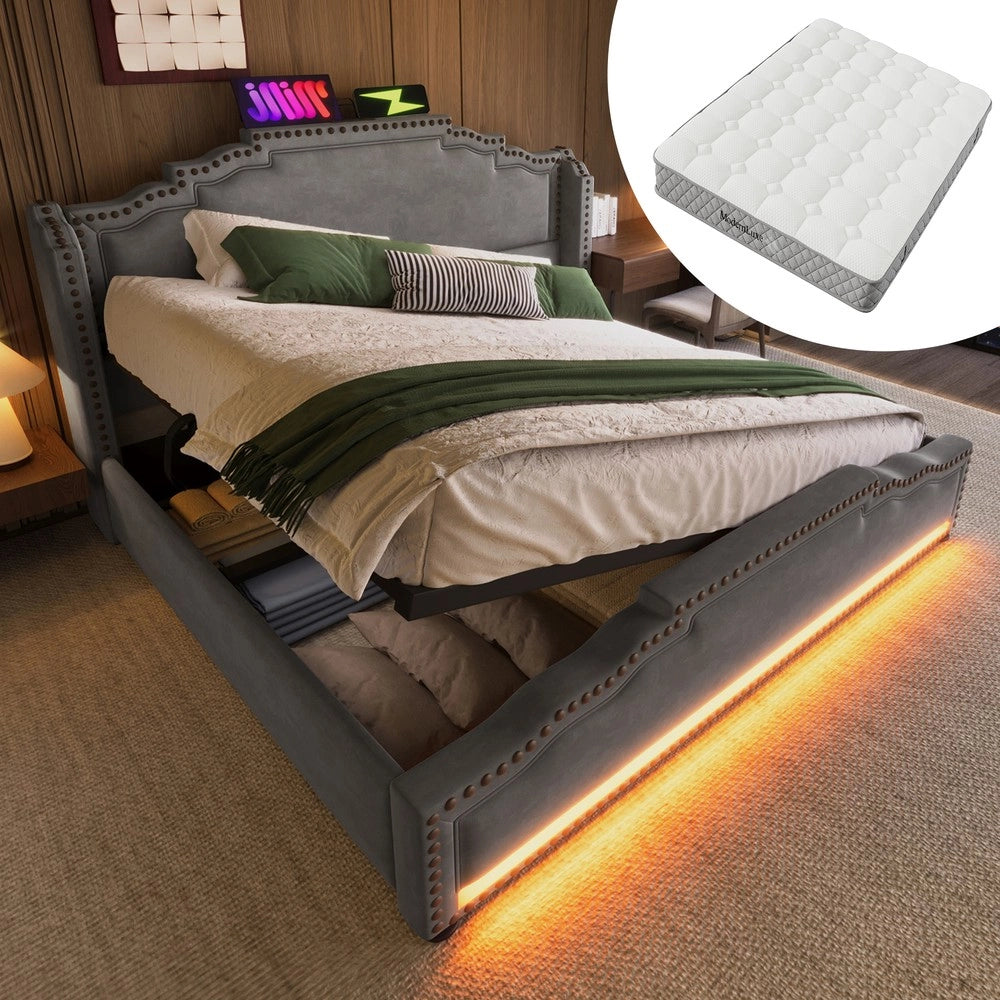 Letto Imbottito Contenitore 140x200 ¨C Xylo ¨C Velluto Grigio, LED, Idraulico, con Materasso