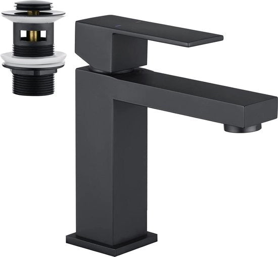 Wastafellore del quadrato con sistema di scarico pop-up - Rubinetto unico movimento per la stanza da bagno - Matto nero in acciaio inossidabile