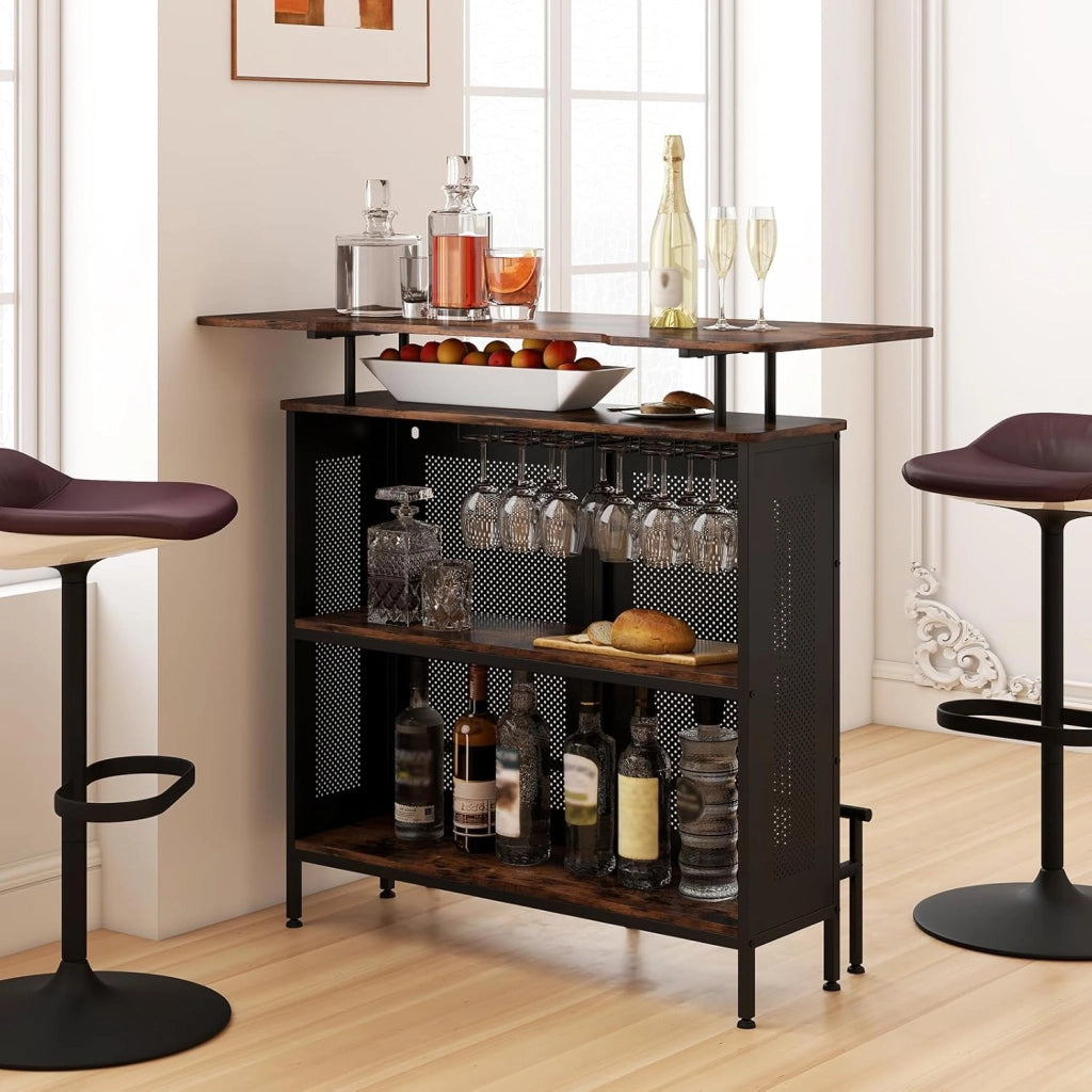 Mobile Portabottiglie a 4 Livelli, Portabottiglie per Vino da Terra con 2 Ripiani Porta Vini e Porta Calici, per Cantine, Sala da pranzo e Cucina (Naturale, 120 x 50 x 106,5 cm)