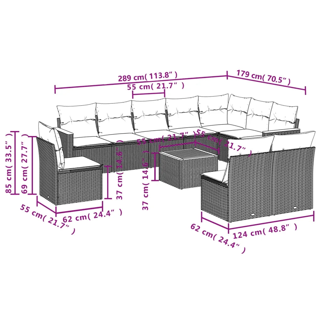 Set Divano da Giardino 11 pz con Cuscini Beige Misto Polyrattan