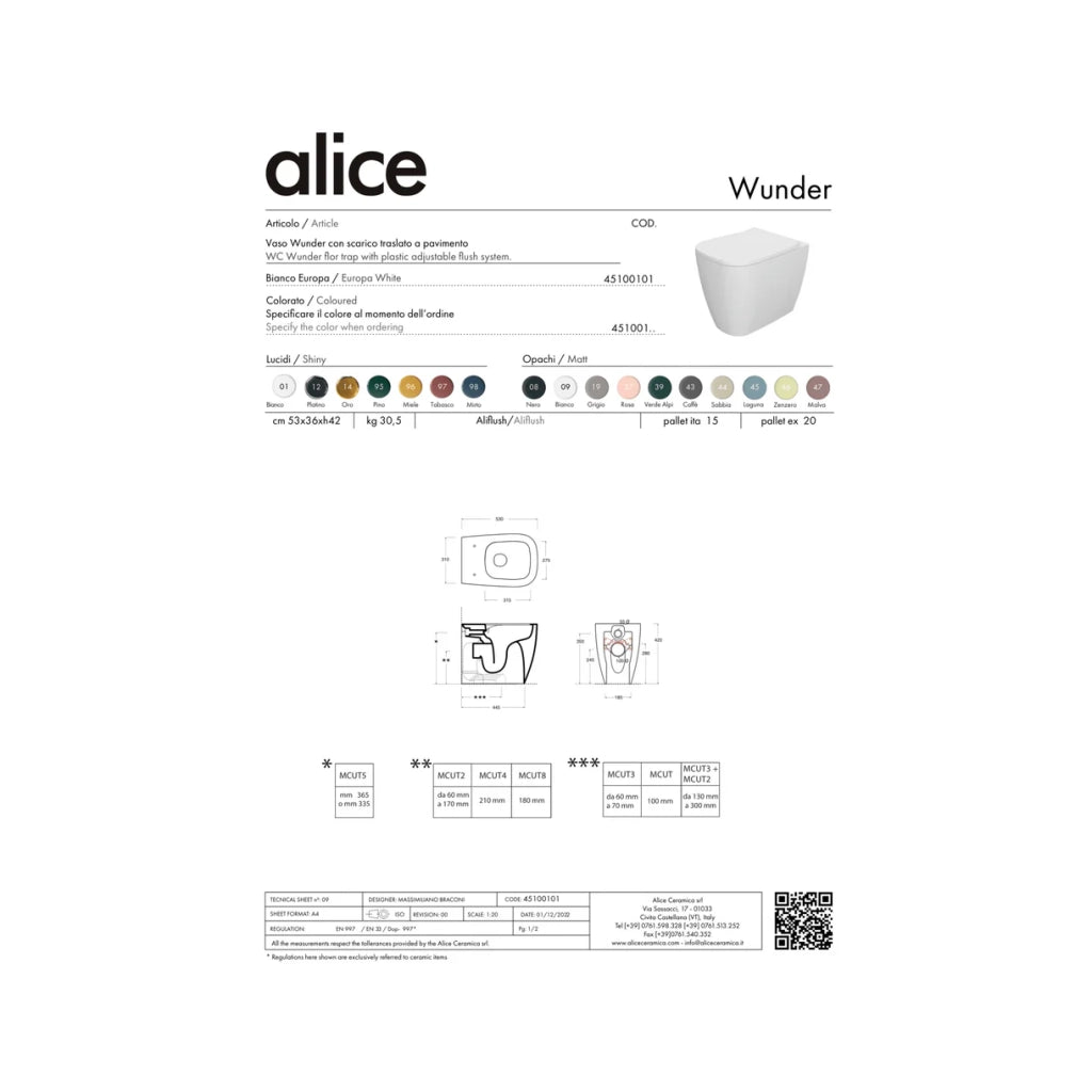 Coppia Di Sanitari Alice Ceramica Da Terra Filo Muro Senza Brida Bianco Lucido "Wunder"