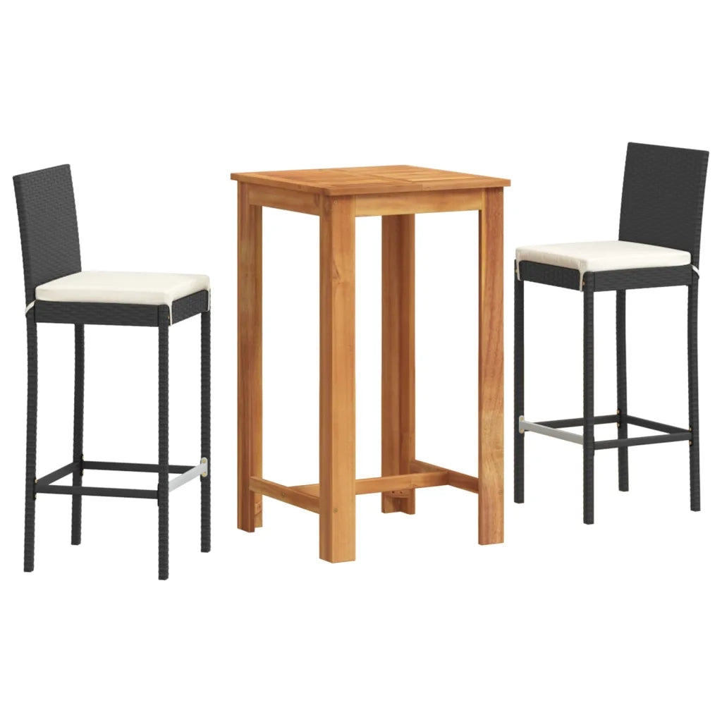 Set Bar da Giardino 3 pz | Set Salotto da Giardino Nero in Legno Acacia e Polyrattan