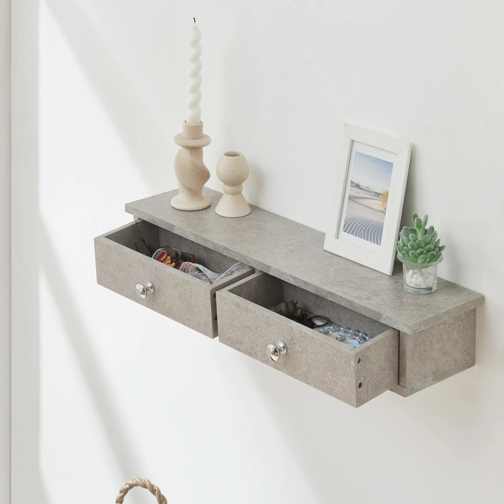 Mensola da Parete Geeste Comodino Sospeso con 2 Cassetti 60 x 15 x 10 cm - Effetto Cemento Chiaro [en.casa]