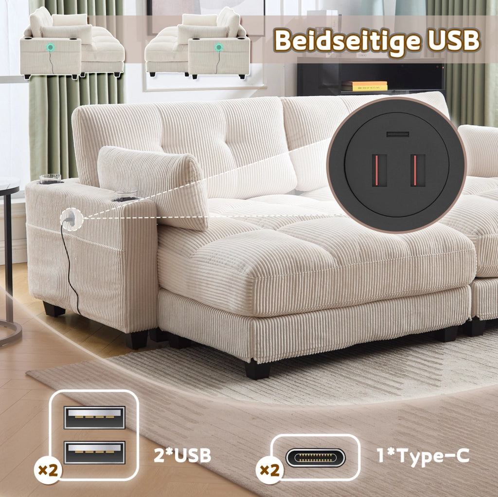 Divano modulare 2 posti in velluto a coste beige con USB