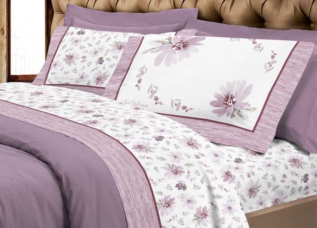 Completo Lenzuola Letto Flanella Calda 100% Cotone Disegno Fiori 8284 - Matrimoniale - Rosa