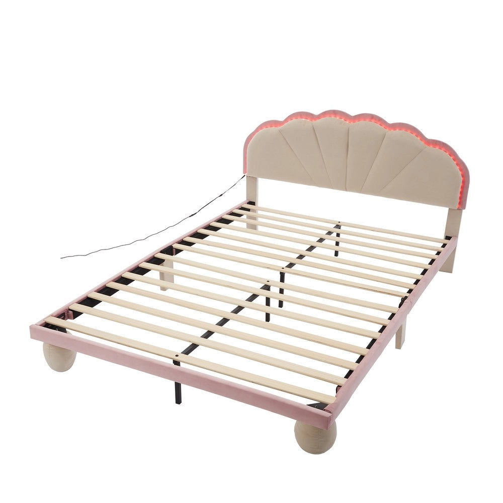 Letto Imbottito con LED Baldacchino ¨C MINIMAL ¨C Velluto Beige Rosa 140x200