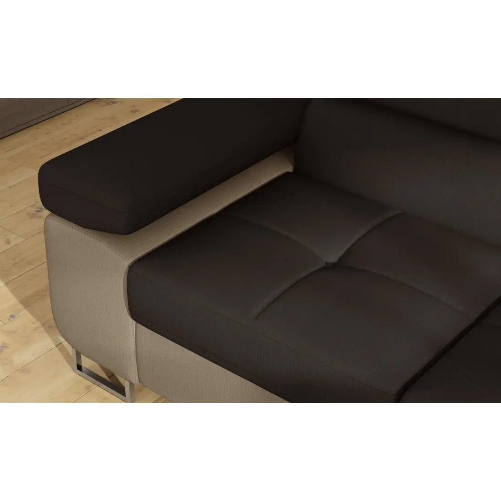 Divano angolare trasformabile MENTON marrone cioccolato e beige – Angolo destro con vano contenitore