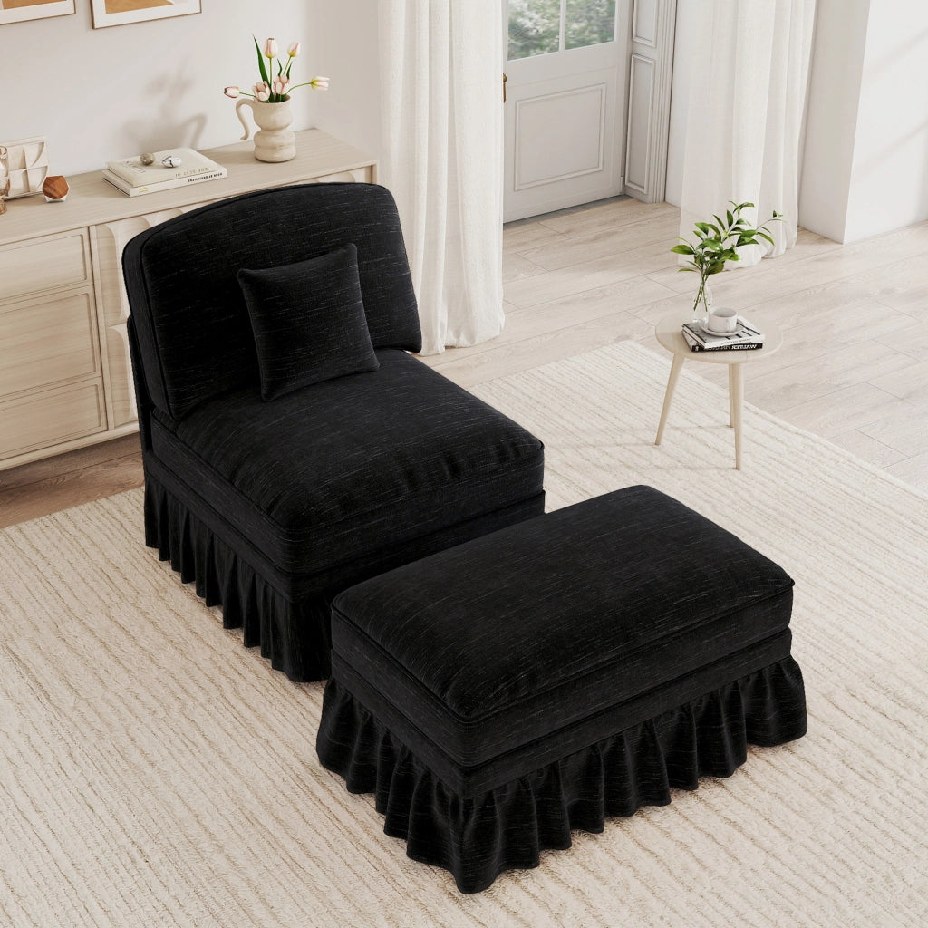Poltrona relax con pouf e gonna rimovibile - schienale imbottito - in chenille nera