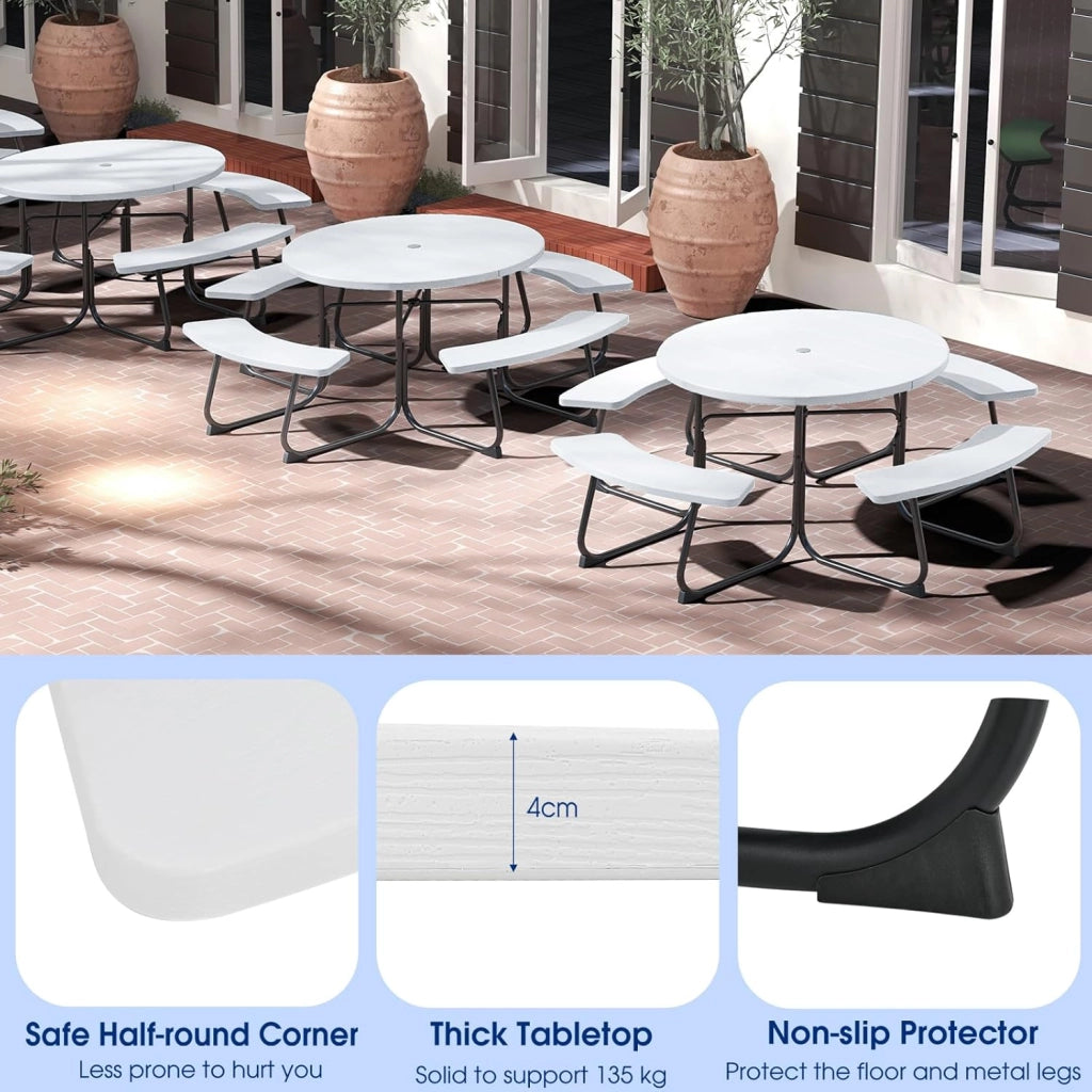 Set di Tavolo da Picnic Rotondo per 8 Persone, Set di Sedie e Tavolo con Foro per Ombrellone, Mobili da Giardino con 4 Panche, in HDPE e Metallo, φ190 x 76 cm (Bianco)