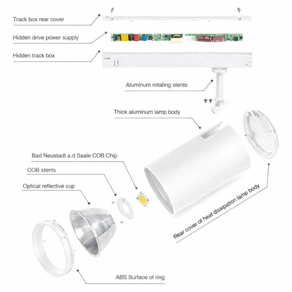 2 Kit Fari LED Binario Trifase 30W 4000LM, Corpo Bianco Luce 4000K, CRI>90 UGR<19 Angolo 120°, D85X128mm, Driver Alimentatore a Scomparsa Lunga 289mm CB58130WN