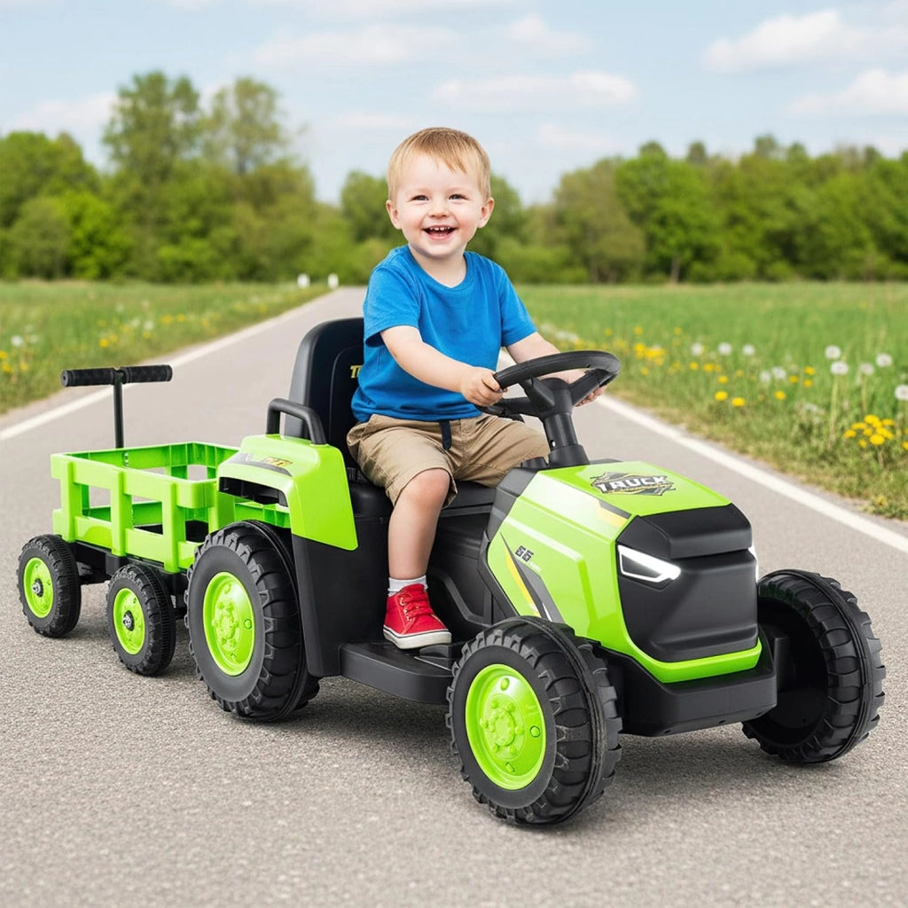 12V Trattore Elettrico per Bambini, Trattore a Pedali con Rimorchio Staccabile Controllo Remoto Fari LED Clacson e Musica, Macchina Elettrica per Bambini 37-95 Mesi (Verde)