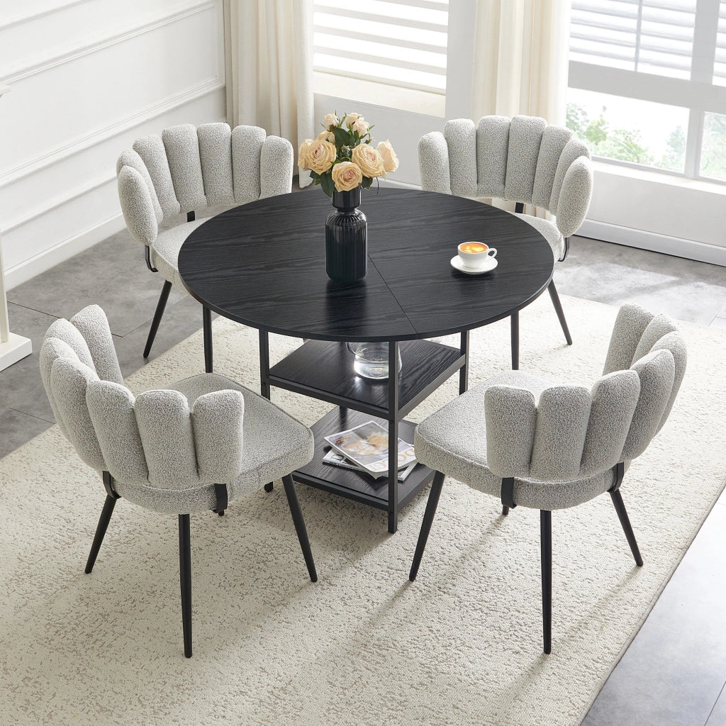 Set tavolo da pranzo e sedie con 1 tavolo rotondo e 4 sedie; 2 ripiani; MDF e metallo nero; tessuto grigio chiaro