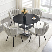 Set tavolo da pranzo e sedie con 1 tavolo rotondo e 4 sedie; 2 ripiani; MDF e metallo nero; tessuto grigio chiaro