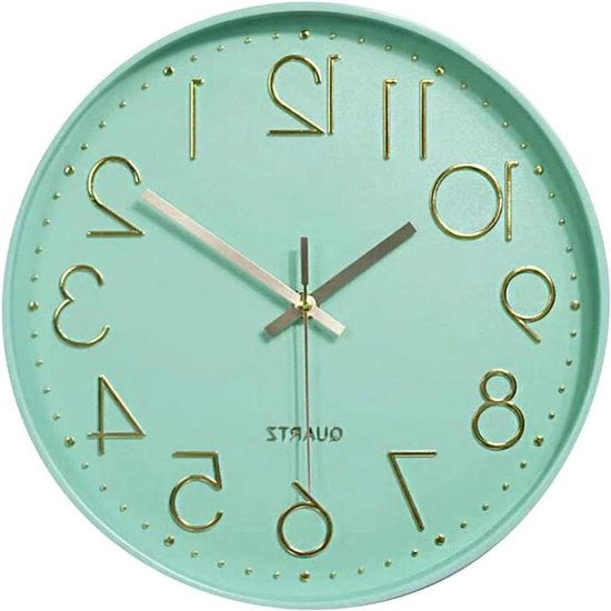 Orologio da parete silenzioso 12 pollici con funzione di quarti, alimentato da batterie, adatto per decorare ambienti moderni, utilizzabile in ufficio, classe, soggiorno, camera da letto (tono verde-argento)