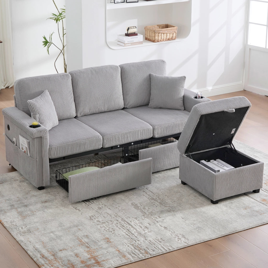 OKWISH Divano Modulare con LED, USB e Type-C, Contenitore, Portabicchieri e Tasche Laterali, Velluto a Coste, Grigio Chiaro
