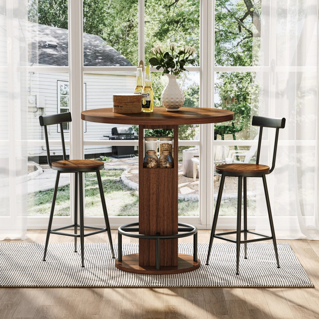 Tavolo da pranzo per 4 persone con 2 sgabelli e vani contenitore, rotondo 80 cm, per cucina e soggiorno, noce