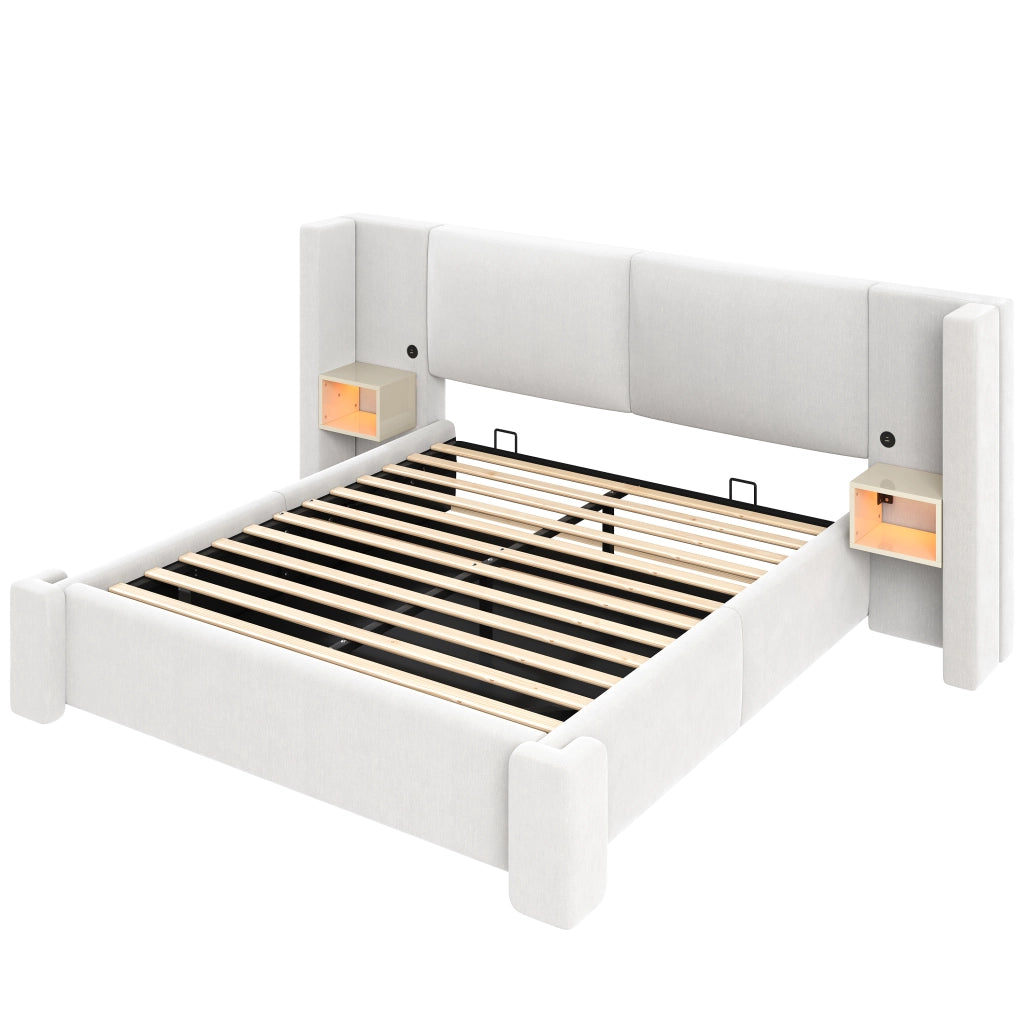 Letto contenitore 140x200 cm beige con LED e sollevamento idraulico in lino