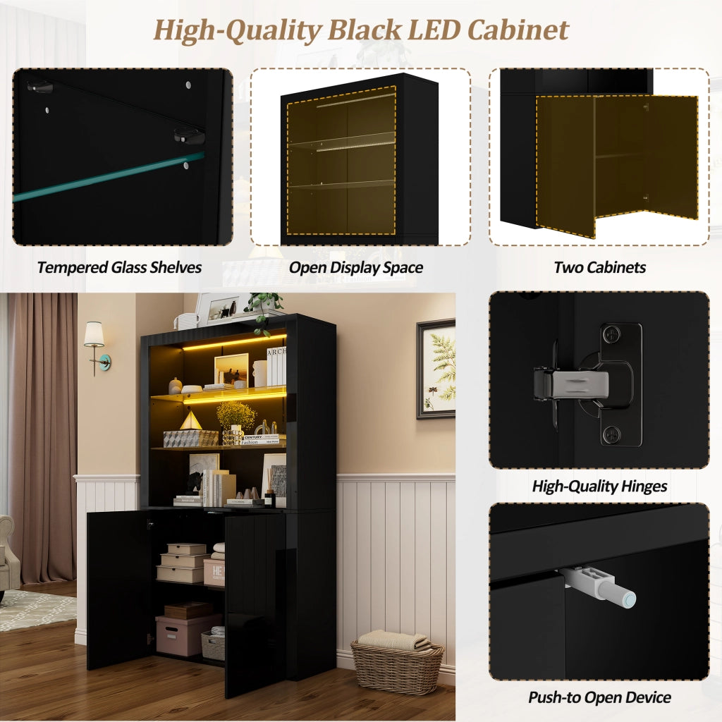Vetrina con LED e 2 ante, 2 vani contenitore, per soggiorno, in MDF, truciolare e vetro, nera, 100 × 35 × 170 cm