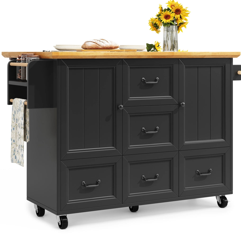 Isola da cucina mobile pieghevole con ruote; MDF e metallo; nera