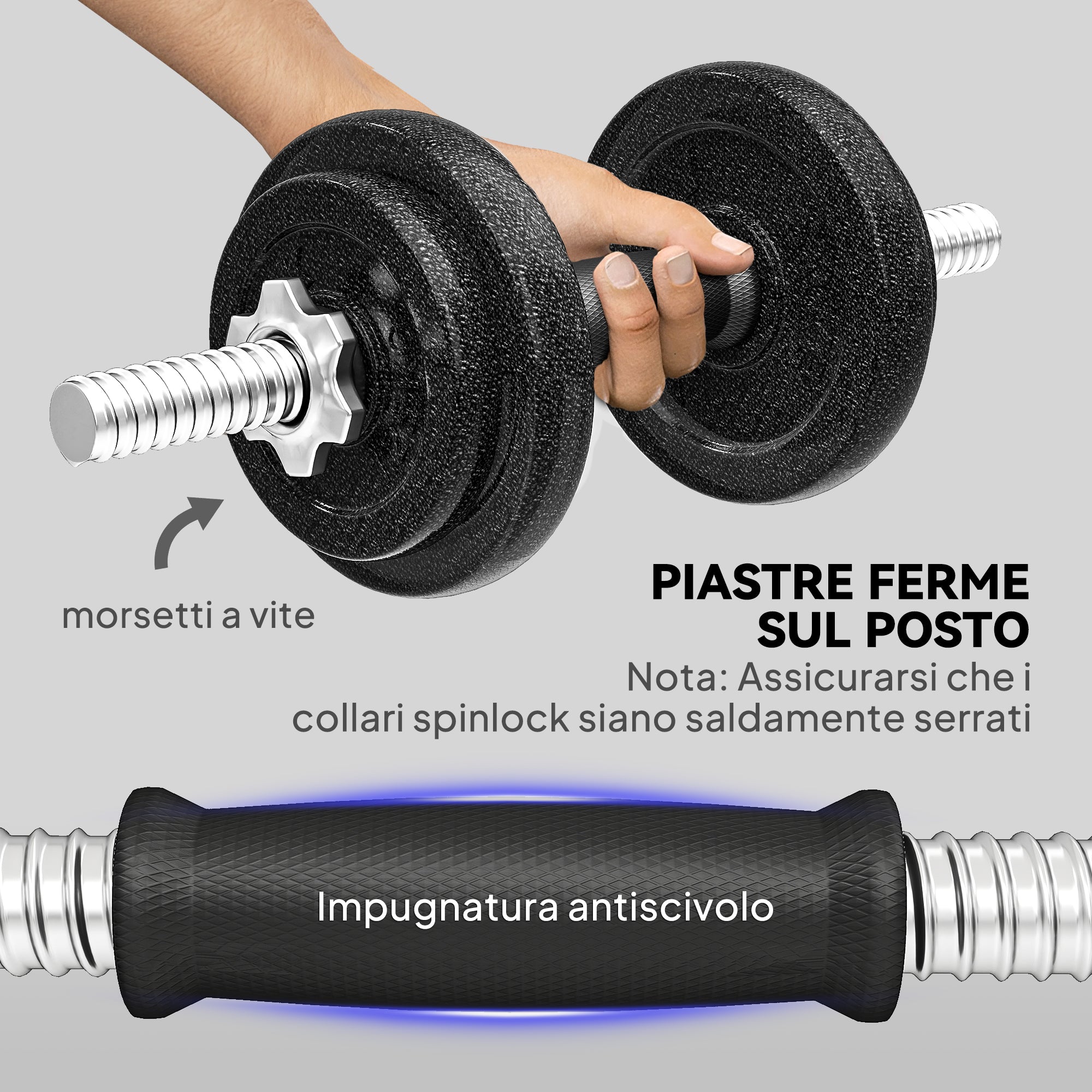 Set Pesi e Bilanciere da 20kg con Impugnature Antiscivolo 8 Dischi Pesi Barra Bilanciere e 2 Barre Manubri in Acciaio