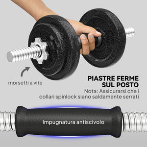 Set Pesi e Bilanciere da 20kg con Impugnature Antiscivolo 8 Dischi Pesi Barra Bilanciere e 2 Barre Manubri in Acciaio