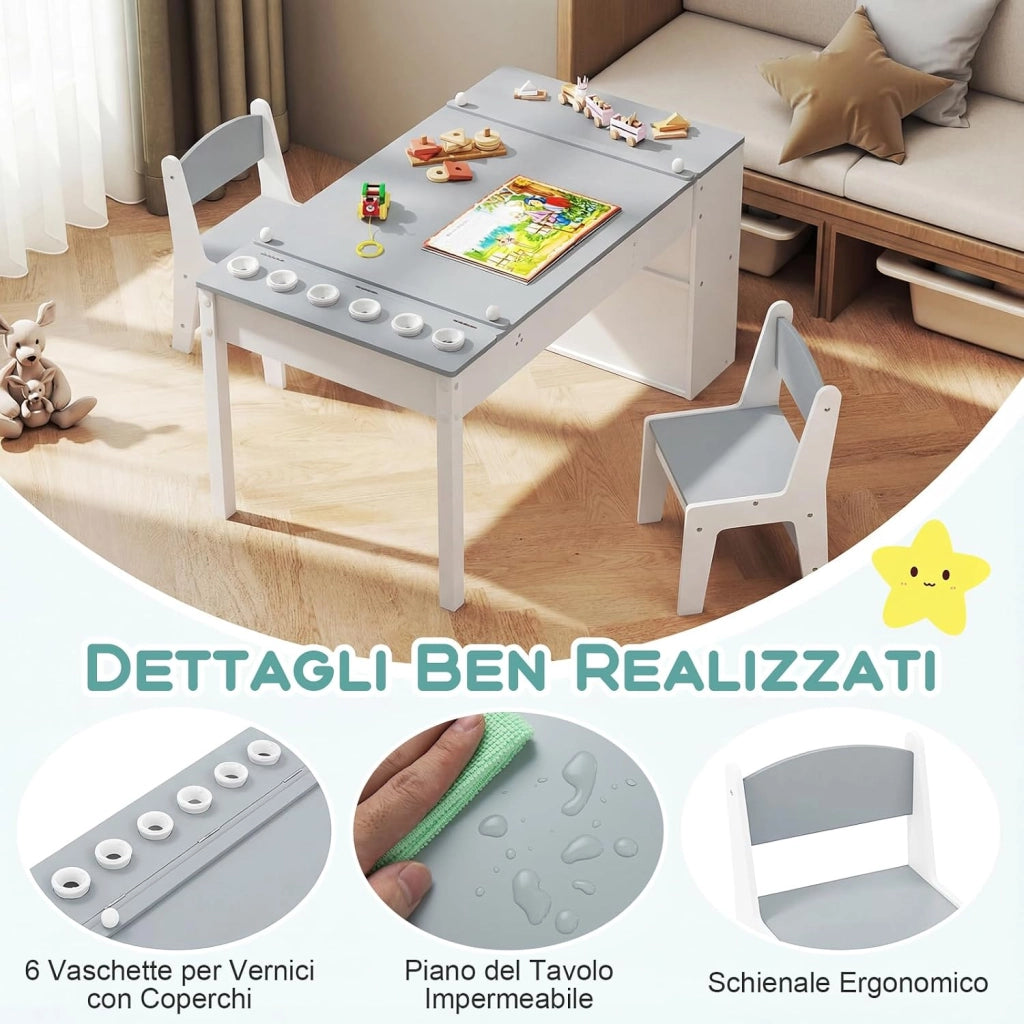 Set Tavolo da Disegno e Cavalletto per Bambini 3+ Anni con 2 Sedie, Tavolo Multifunzione in Legno con Piano Sollevabile, Rotolo di Carta, 6 Bicchieri di Vernice (Grigio)