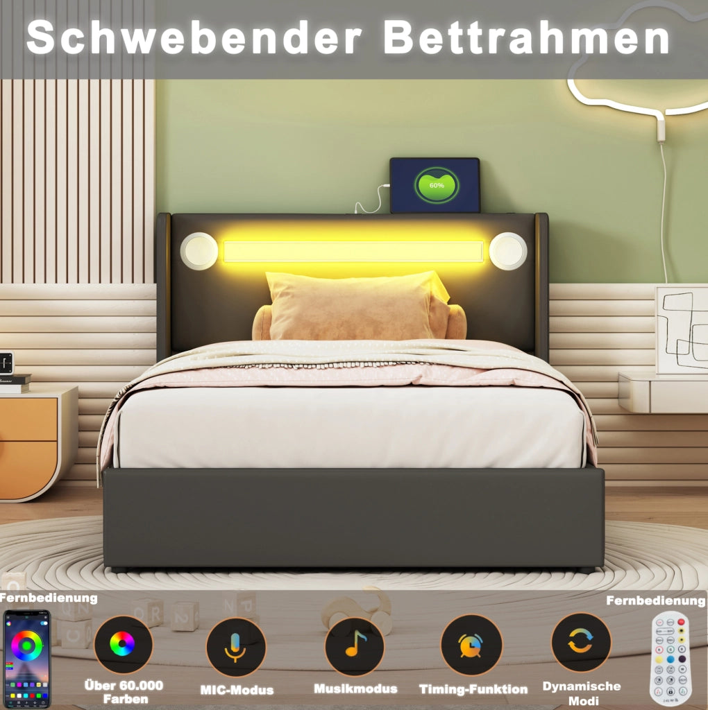 Letto per bambini contenitore 90x200 in PU nero con LED; Bluetooth e 2 porte USB