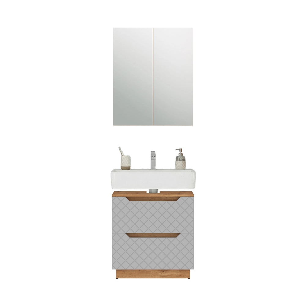 Vicco Set di mobili da bagno Rovere/grigio con struttura in piastrelle 2 parti