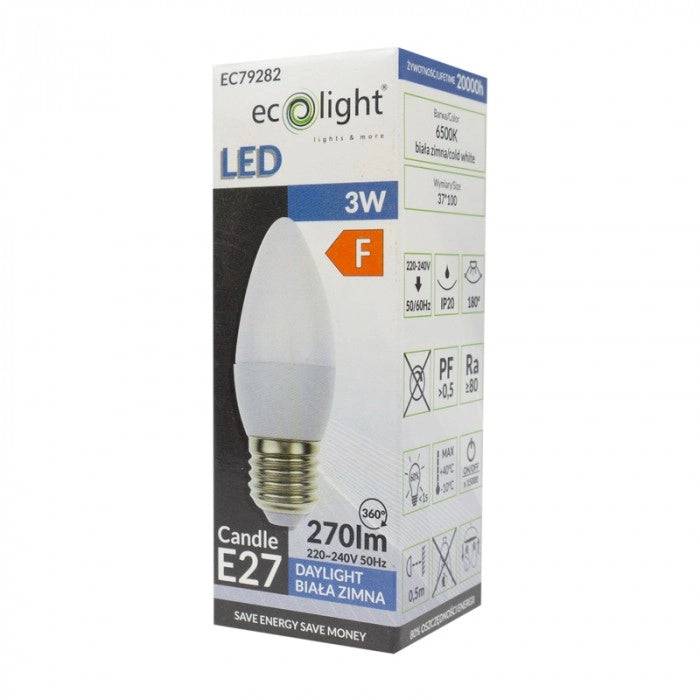 Lampadina LED candela E27 3W 6500K 270lm anti-sfarfallio Ecolight