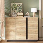 Credenza con quattro cassetti, due ante e finitura naturale e nera