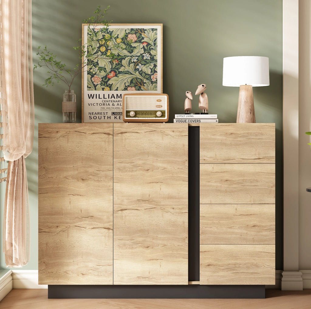 Credenza con quattro cassetti, due ante e finitura naturale e nera