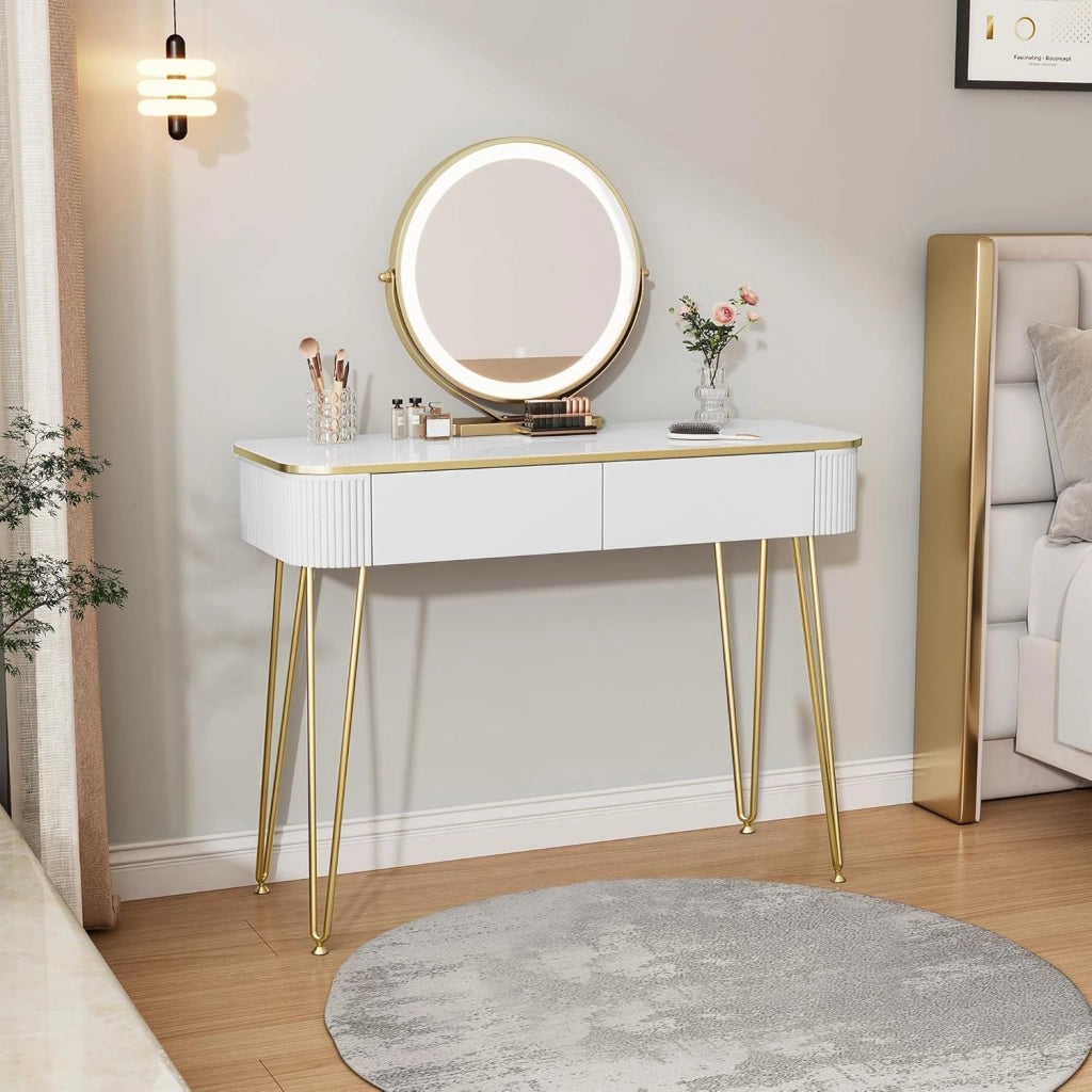 EUGAD Toeletta da Trucco con Luci LED, Luminosità Regolabile, Postazione Trucco con Specchio, 2 Cassetti in Legno, Piano Lucido 100x40 cm, Moderno, Bianco + Oro