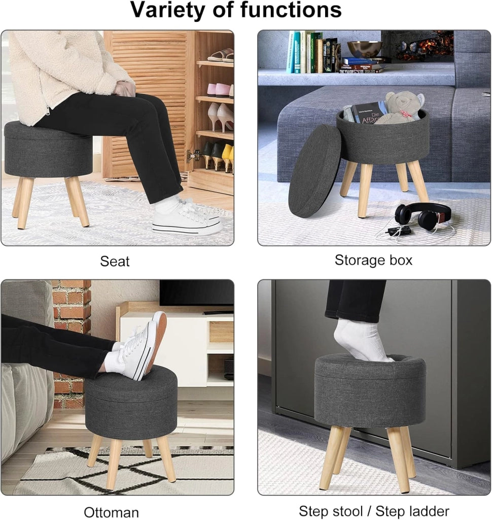 Set di 2 Pouf Contenitore Sgabello Basso Sedia Rotonda Poggiapiedi Gambe in Legno Grigio Scuro