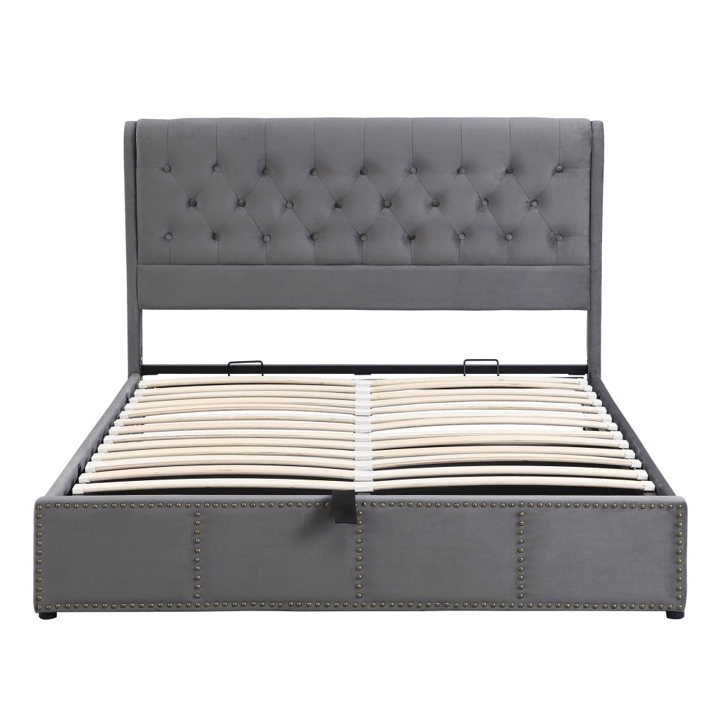 OKWISH Letto Contenitore 140×200 cm, Letto Matrimoniale con Contenitore, Testiera Imbottita e Borchie Decorative, senza Materasso, Velluto, Grigio