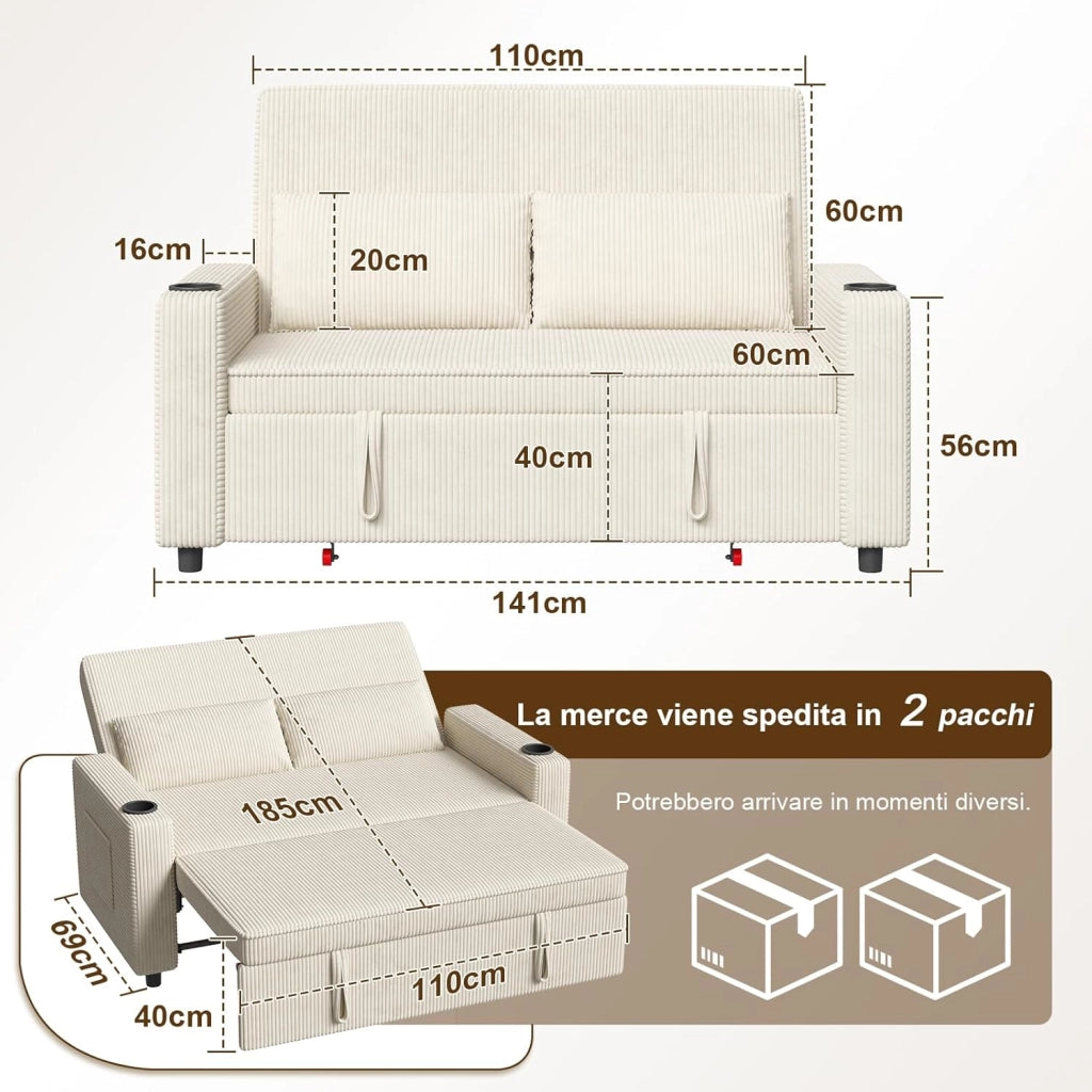 Divano Letto 2 Posti in Velluto Divano Matrimoniale Prontoletto Estraibile con Schienale Regolabile in 5 Posizioni per Soggiorno, Camera da Letto o Ufficio, 69P x 141L x 88H cm, Beige
