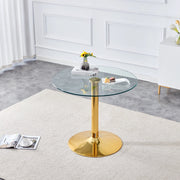 Tavolo da bar in vetro temperato e metallo con base rotonda dorata, per soggiorno e caffè, 85 × 76 cm