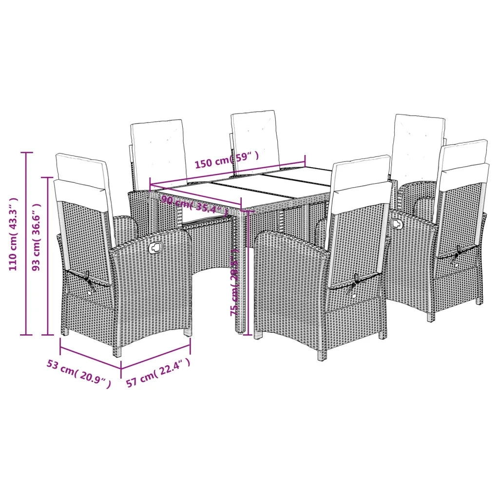 Set da Pranzo da Giardino 7 pz Nero con Cuscini in Polyrattan 3212198