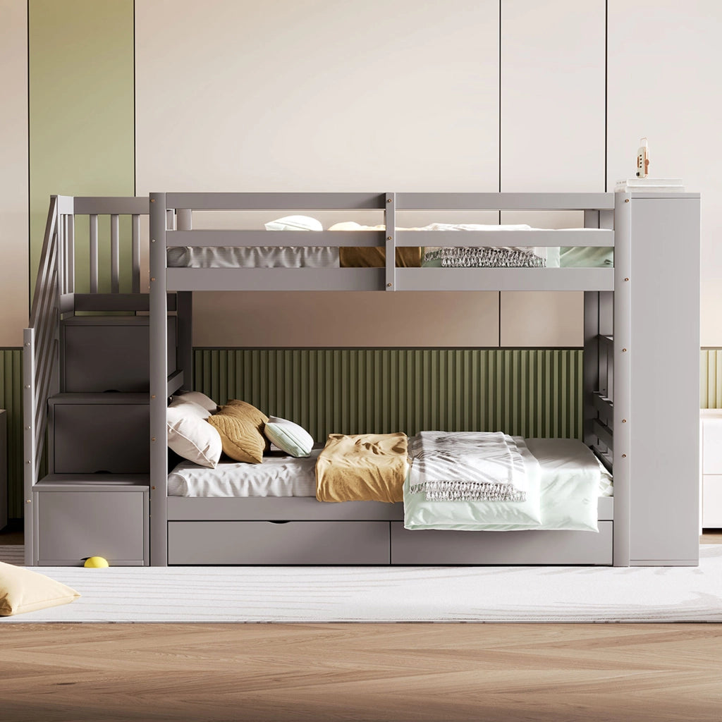 LETTO A CASTELLO 90x200 cm in Legno Grigio con Scala Contenitore e Cassetti