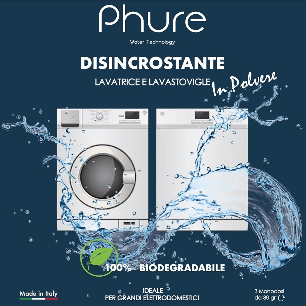 PHURE Decalcificante in Polvere Monodose Detergente Anticalcare per Lavatrice, Lavastoviglie e grandi elettrodomestici, compatibile con tutte le marche, 100% Biodegradabile, Ecologico Made in Italy