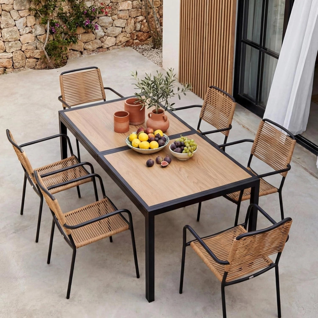 Tavolo da Giardino Grande 150×80×72cm DPC, Tavolo da Balcone Rettangolare, Tavolo da Pranzo per Esterno con Struttura in Metallo e Piedini Antiscivolo, per 4-6 Persone, Nero
