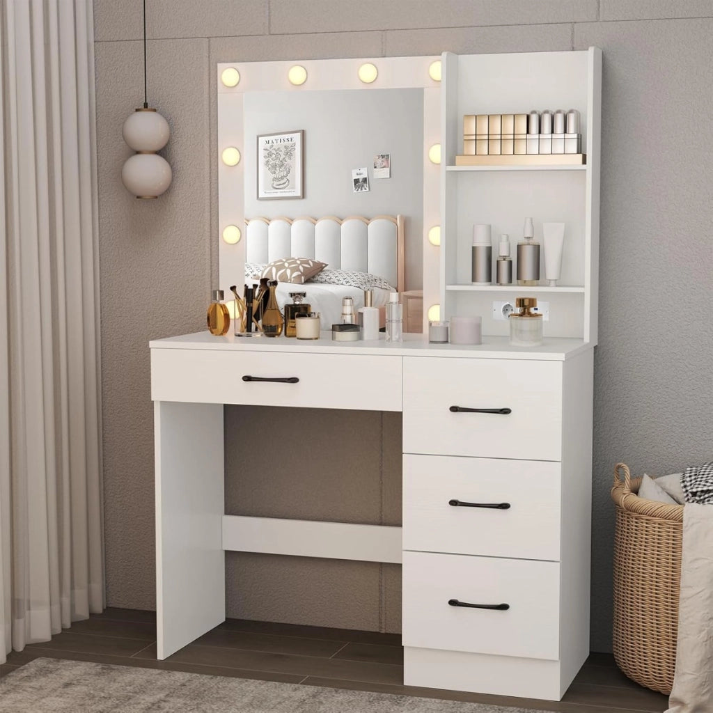 Tavolo da vanit¨¤ con specchio e luci, Tavolo da trucco con stazione di ricarica luci led Bianco-Tavoli da trucco
