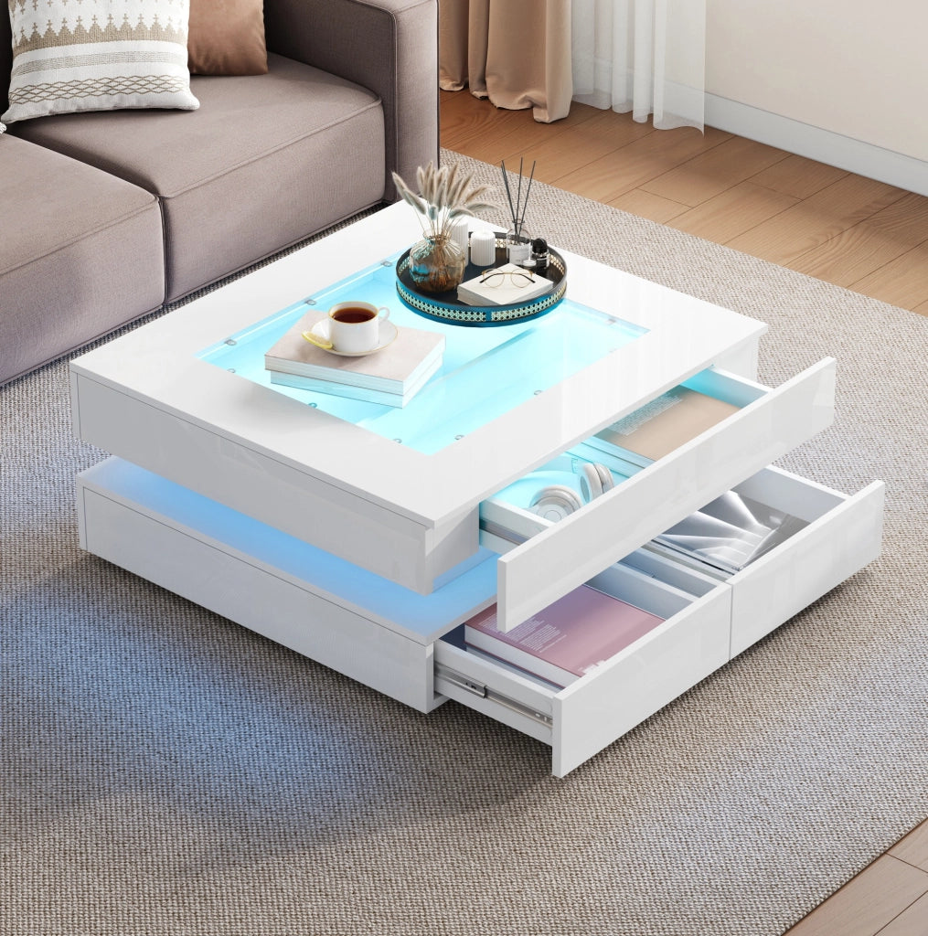 Tavolino da caffè 70x70x35 cm con illuminazione LED; 3 cassetti; vetro e pannello truciolare bianco