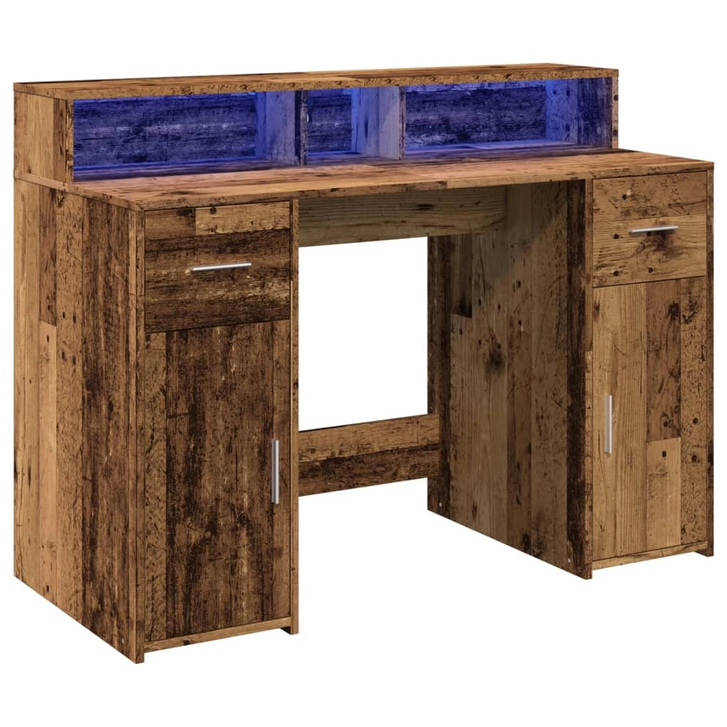Scrivania tavolo postazione di lavoro mobile per computer studio con luci a LED legno vecchio legno ingegnerizzato marrone 02_0023436