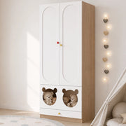 Armadio per bambini a due ante con asta appendiabiti e cassetti, 80 × 50 × 200 cm, bianco e legno naturale